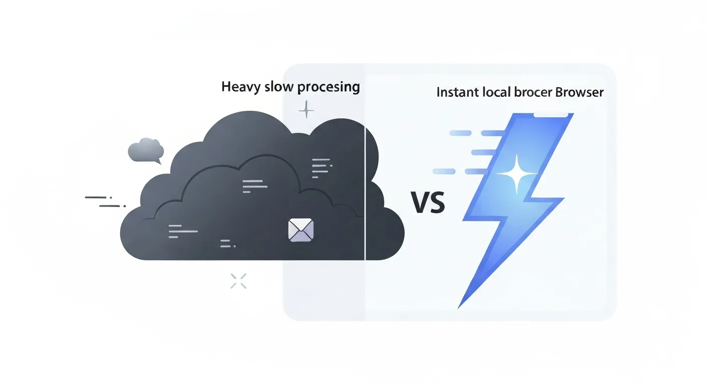 Illustration comparing slow cloud-based image processing on the left versus fast local browser processing on the right.