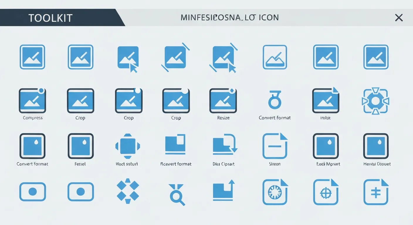Illustration of a complete image editing toolkit showing compress, crop, resize and convert icons arranged together.