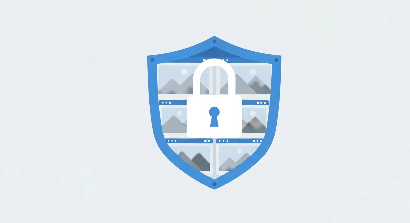 Illustration of a browser processing images locally with a privacy shield, no cloud upload required.