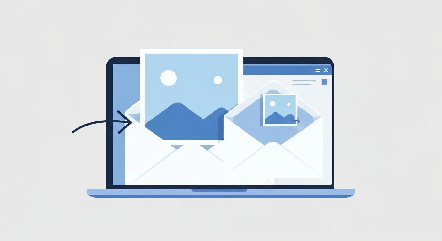 Illustration showing a large photo being compressed and attached to an email compose window.