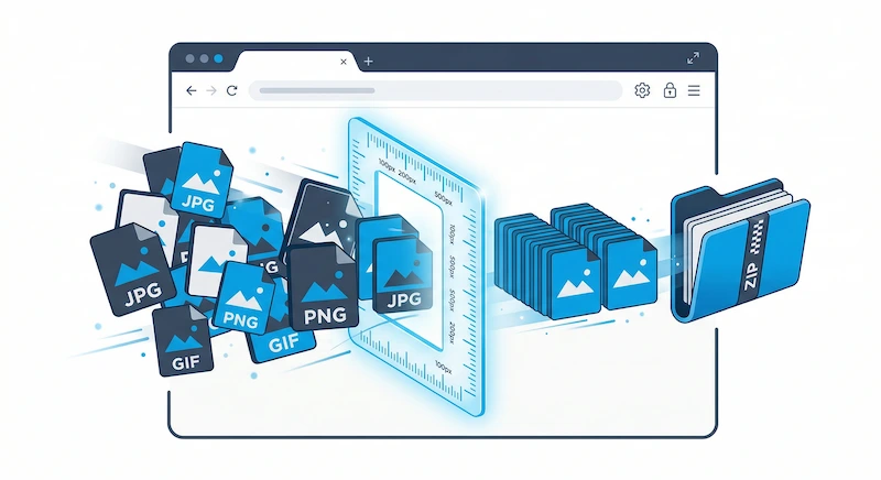 An illustration showing chaotic image files passing through a digital ruler to become uniformly sized, then packaged securely into a ZIP folder.